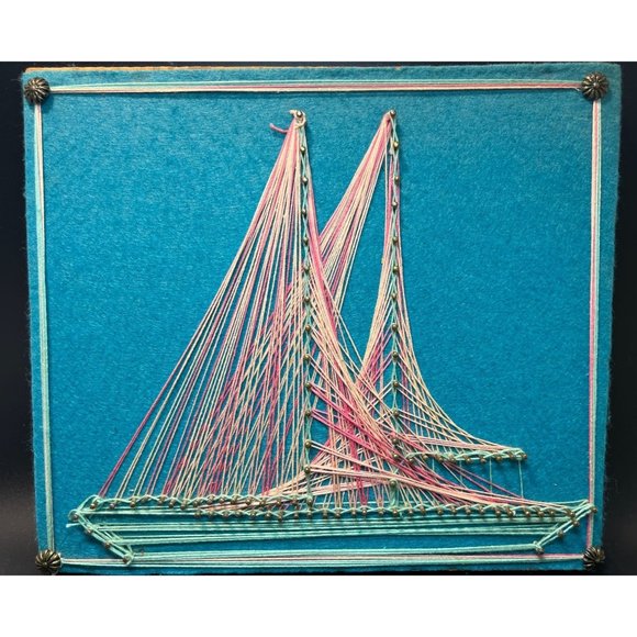 handmade Other - Vintage String Thread Art Sailing Ship 1970's Nail Blue Boat Felt Wood Backing